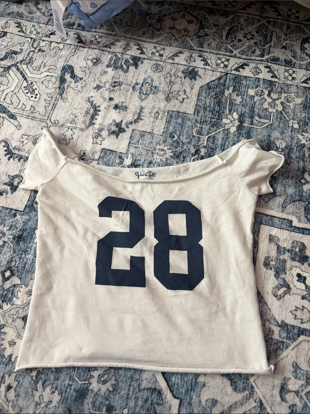 Brandy Melville White Off-Shoulder Graphic Tee with Navy '28'